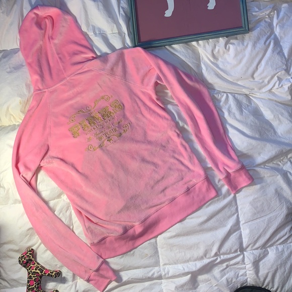 NEW Y2K PINK VELOUR WIDE LEG PANT FULL ZIP HOODIE THE PINKS LOVE & ROCK N ROLL - Picture 3 of 16